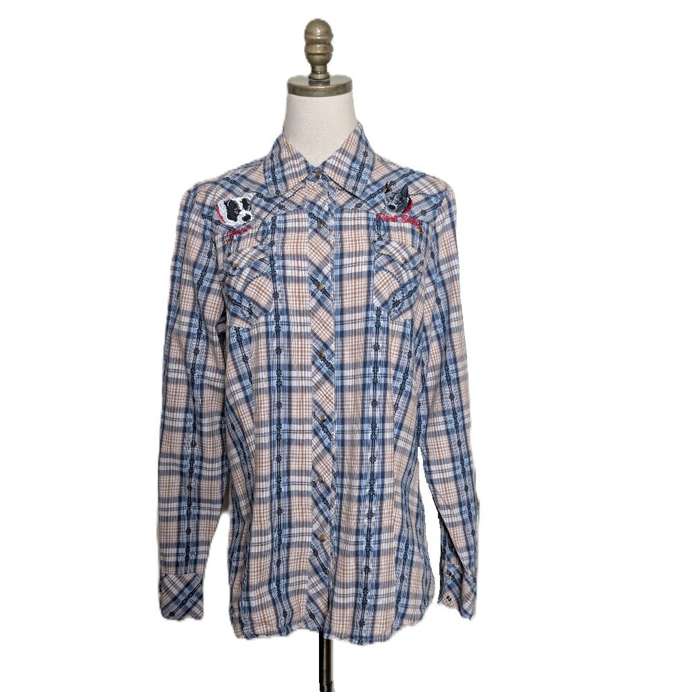 Roper Dog Adoption Embroidered Western Shirt Women's Size L Blue Beige